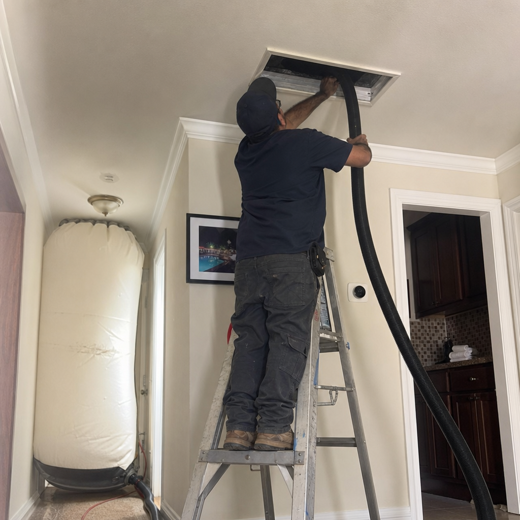 Professional technician performing residential air duct cleaning service with industrial vacuum