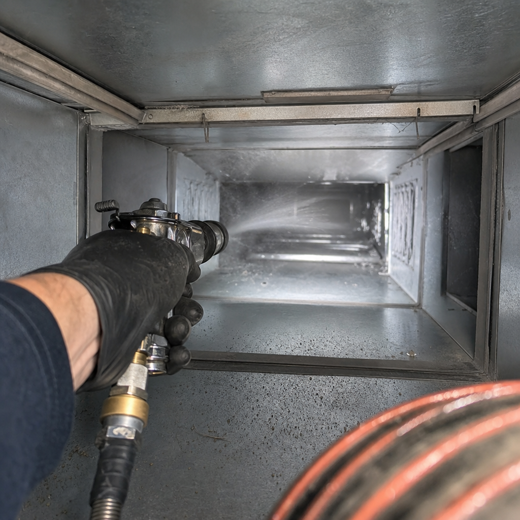 Technician using a spray nozzle to perform professional air duct cleaning