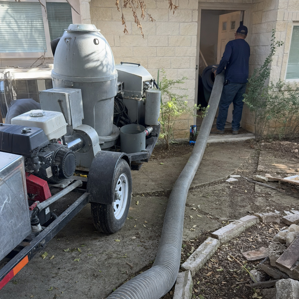 Professional technician performing residential air duct cleaning with industrial vacuum equipment