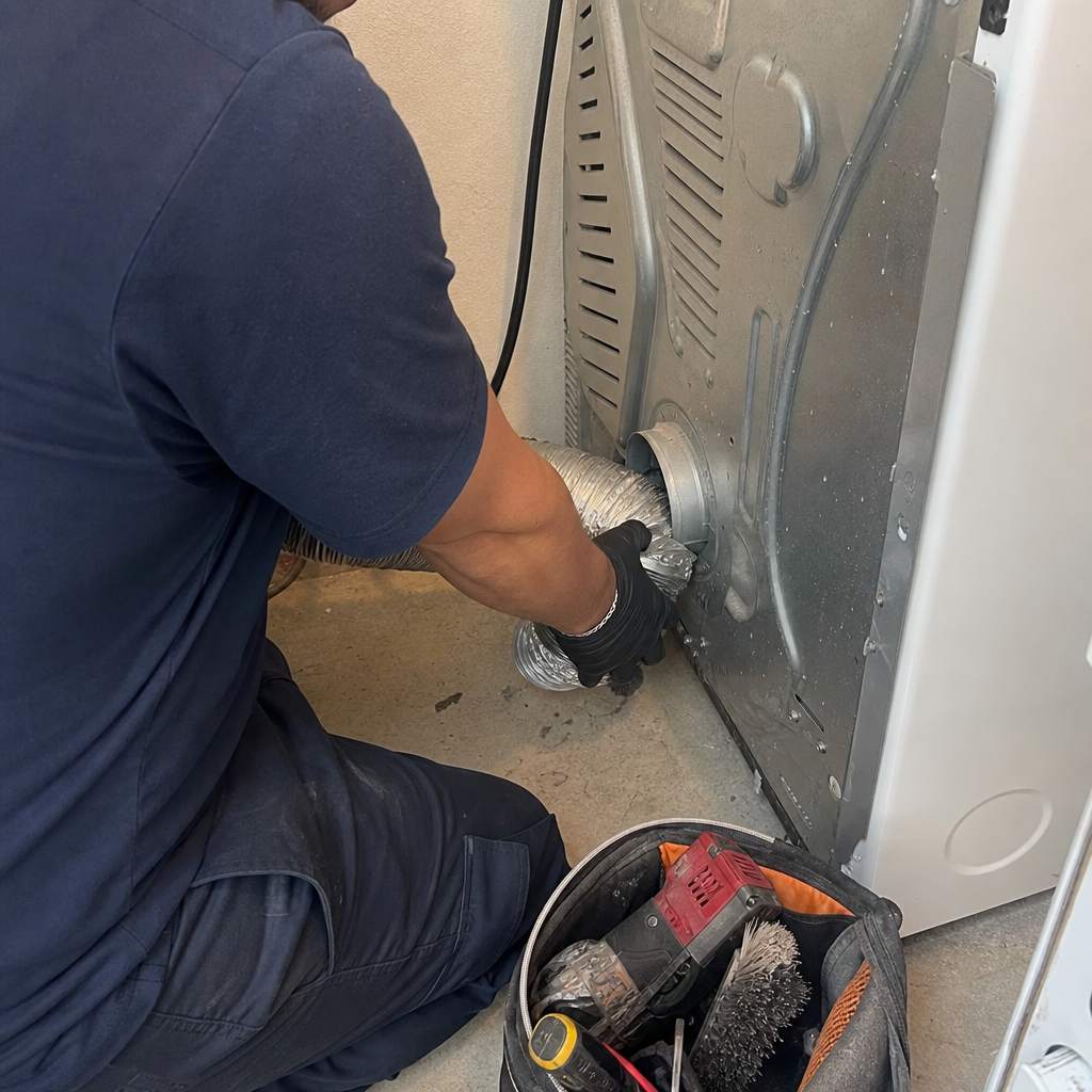 Technician connecting a flexible dryer vent hose to a clothes dryer