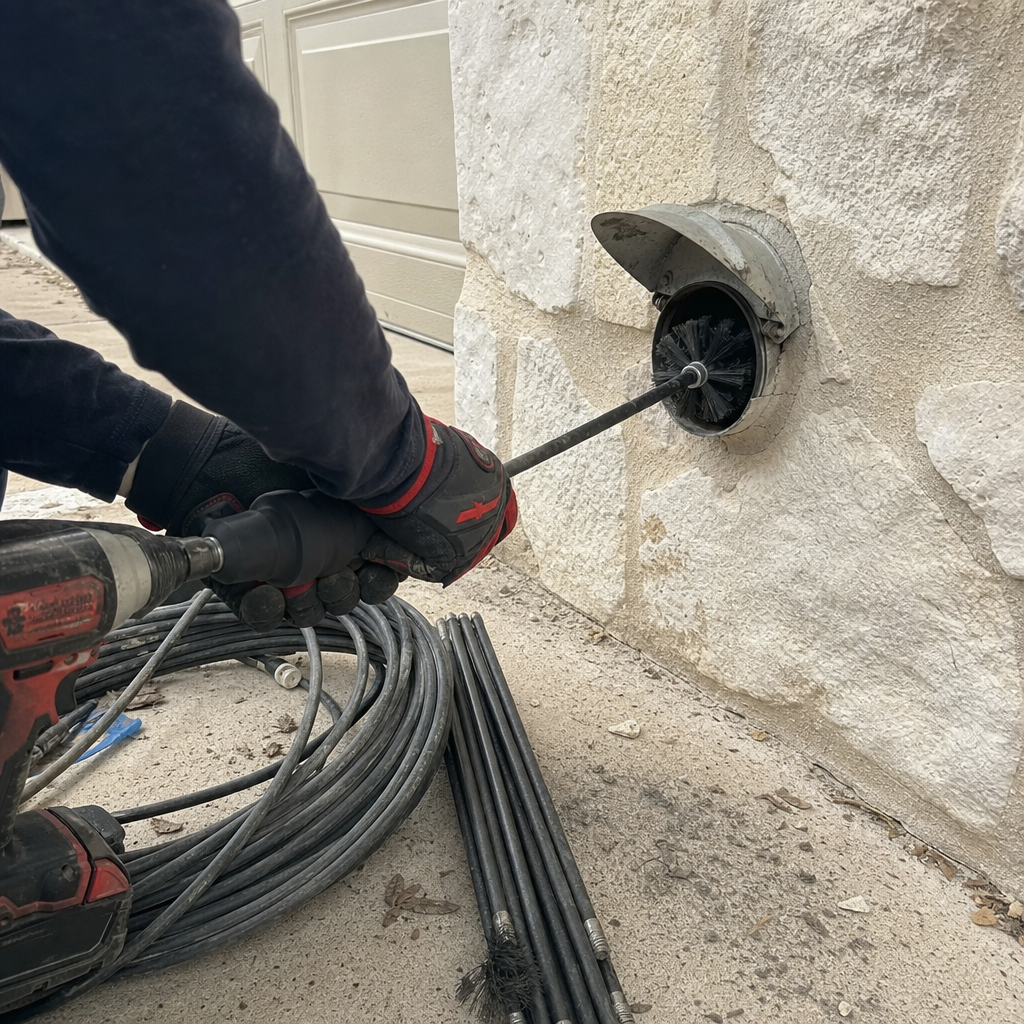 Technician using a rotating brush tool for professional dryer vent cleaning