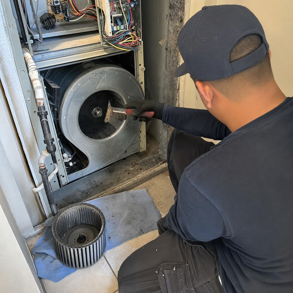 HVAC technician cleaning furnace blower fan during air duct maintenance service