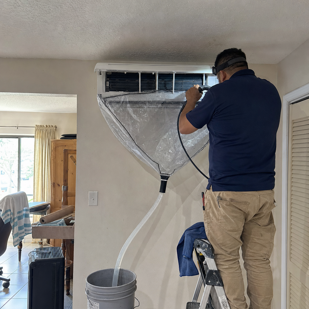 Technician performing professional HVAC ductless mini-split air conditioner cleaning service.