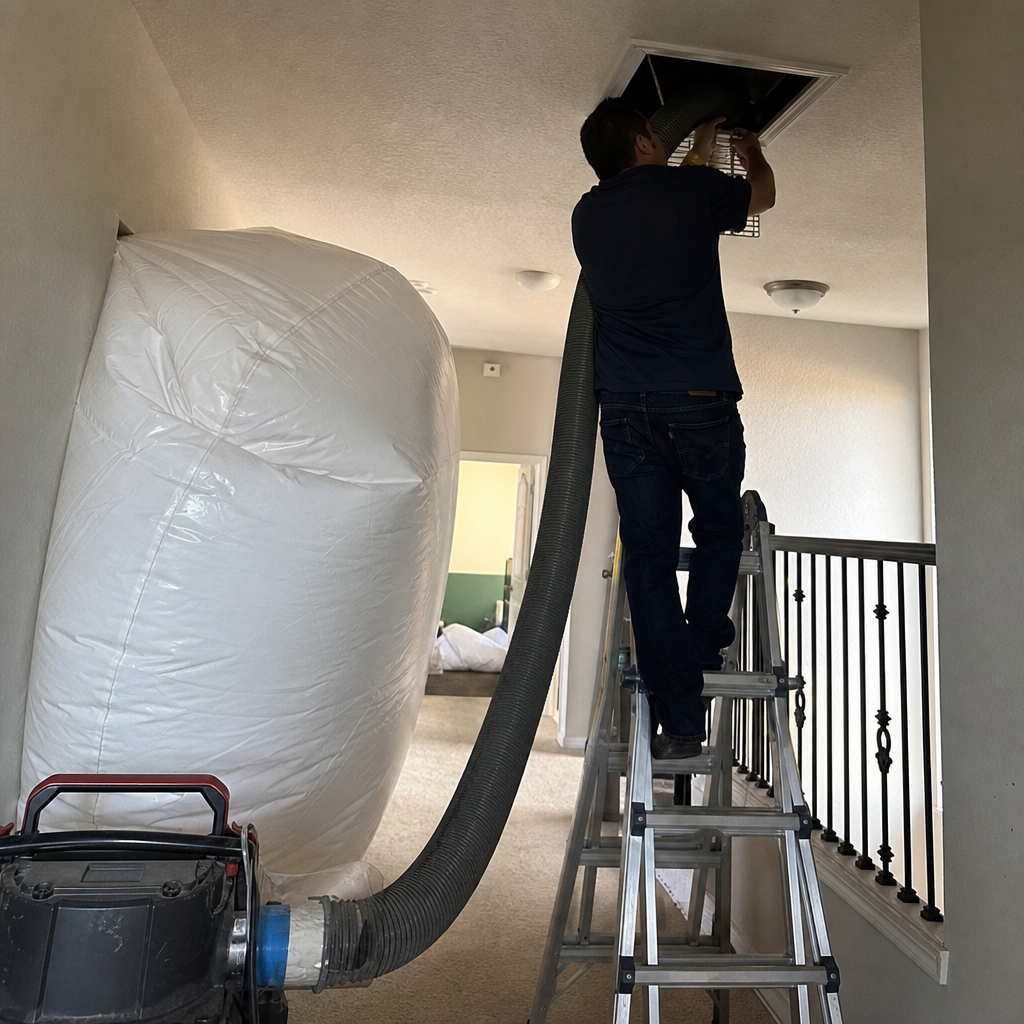 Technician performing residential air duct cleaning using a professional vacuum system