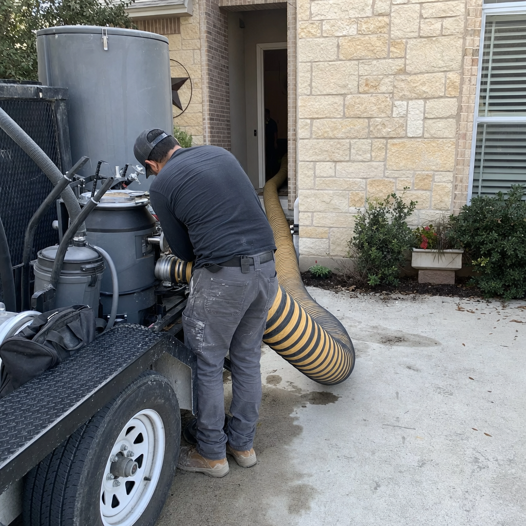 Technician using professional air duct cleaning vacuum equipment outside a home