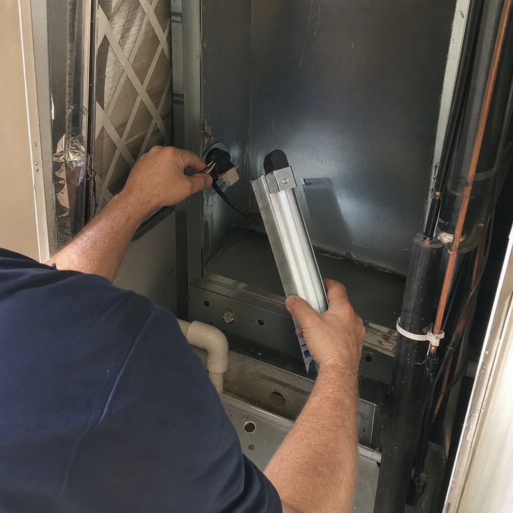 HVAC technician installing UV light system for air sanitization and air quality in San Antonio, TX