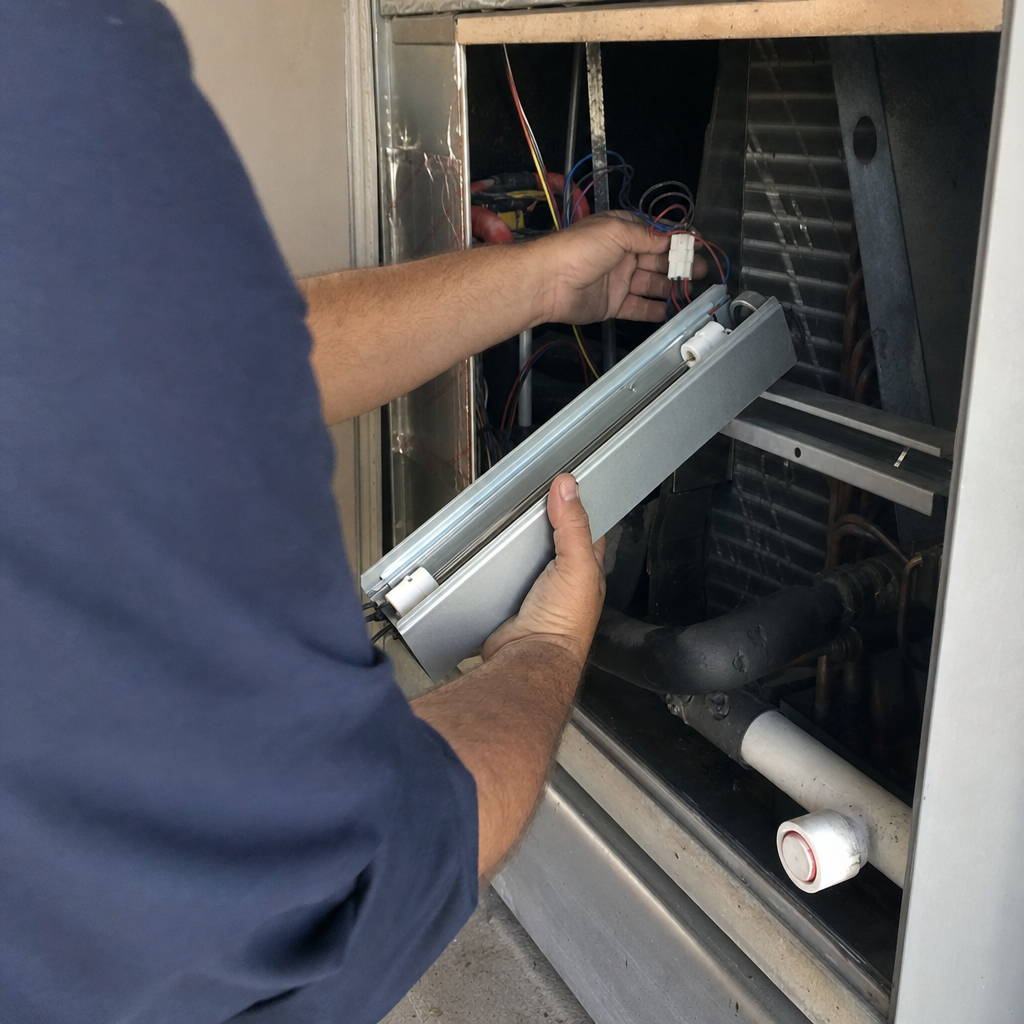 Technician installing HVAC UV germicidal light for air sanitization in San Antonio, TX