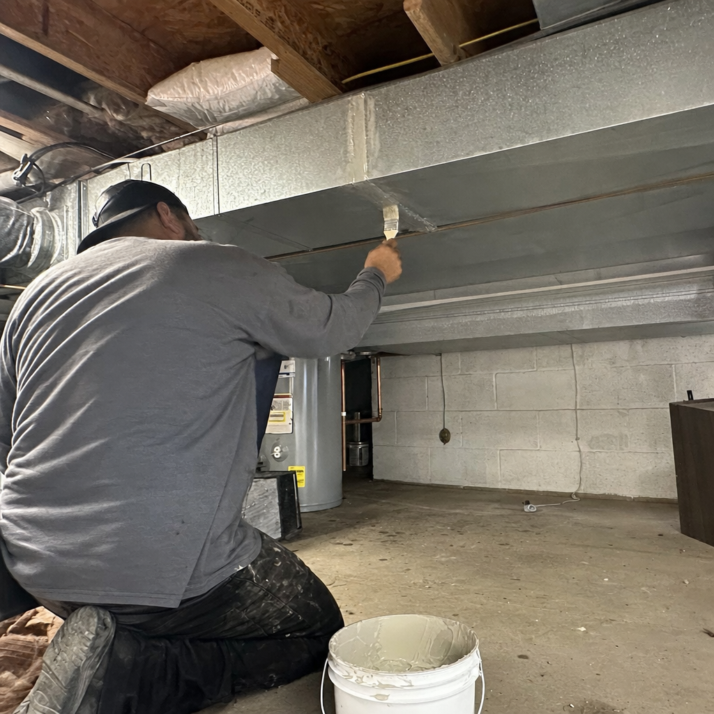 HVAC technician applying mastic sealant to air duct seams for efficiency in San Antonio, TX