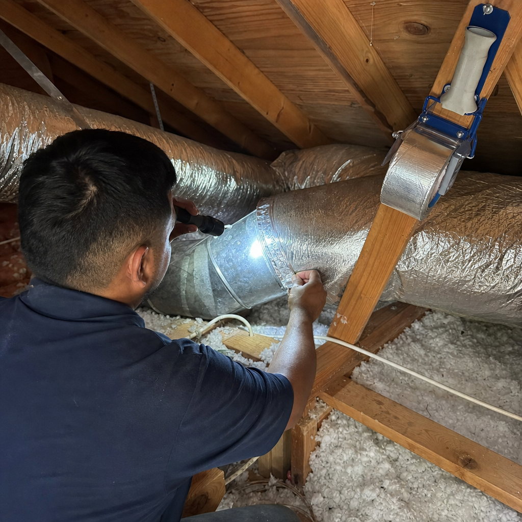 Technician performing professional air duct repair and sealing in attic in San Antonio, TX