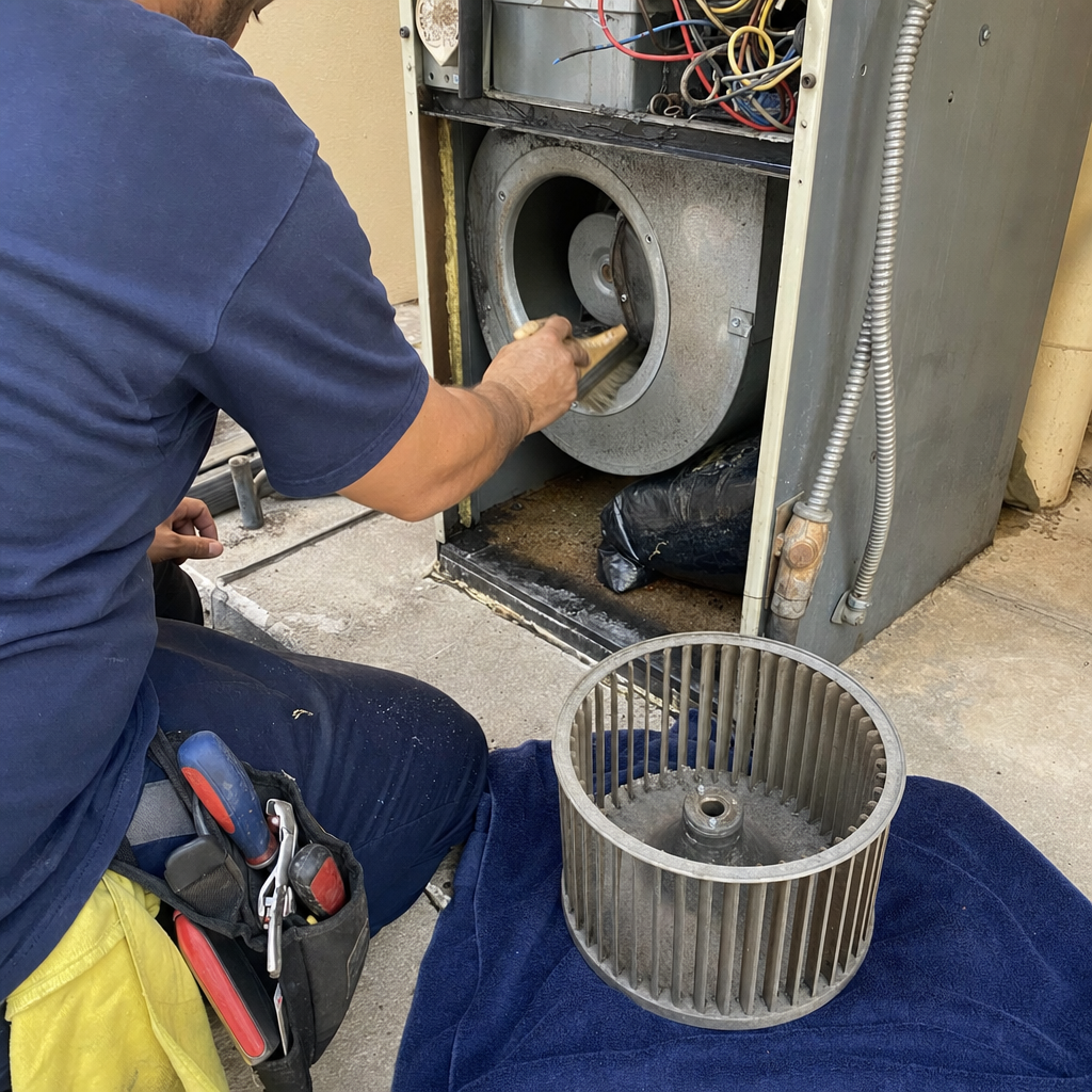 HVAC technician performing professional furnace blower assembly and air duct cleaning.